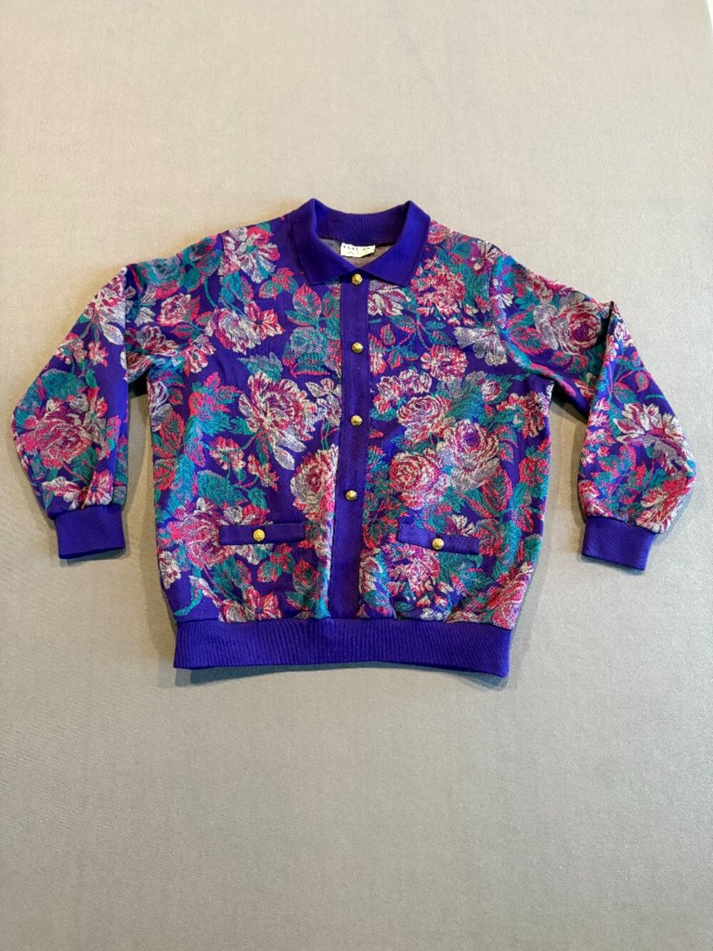 Vintage Alfred Dunner Floral Tapestry Cardigan Sweater Purple Gold Button Large